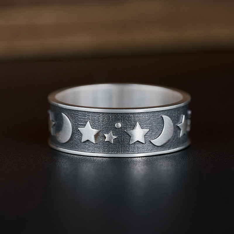 Geeksoutfit Moon Star Sterling Silver Band Ring for Sale online