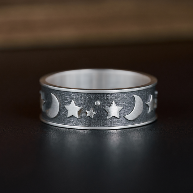 Moon Star Sterling Silver Band Ring