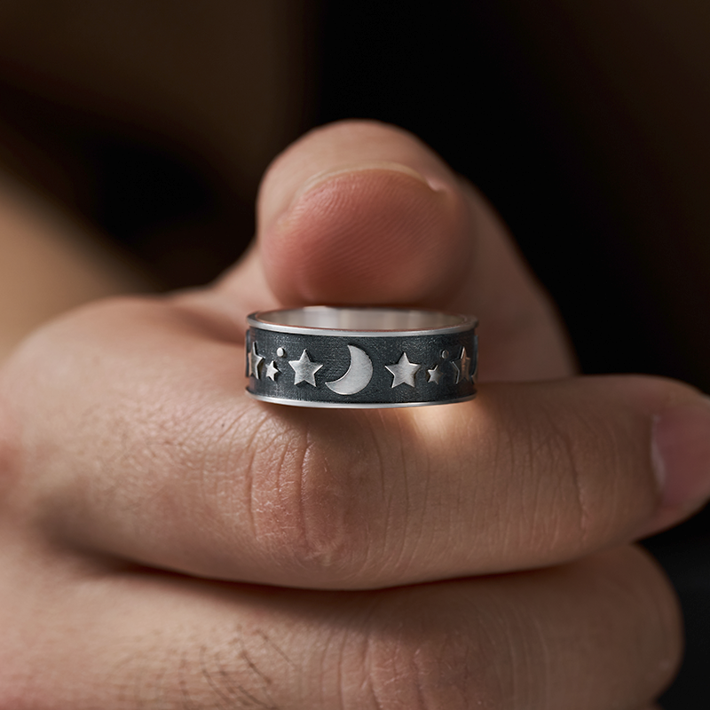 Moon Star Sterling Silver Band Ring
