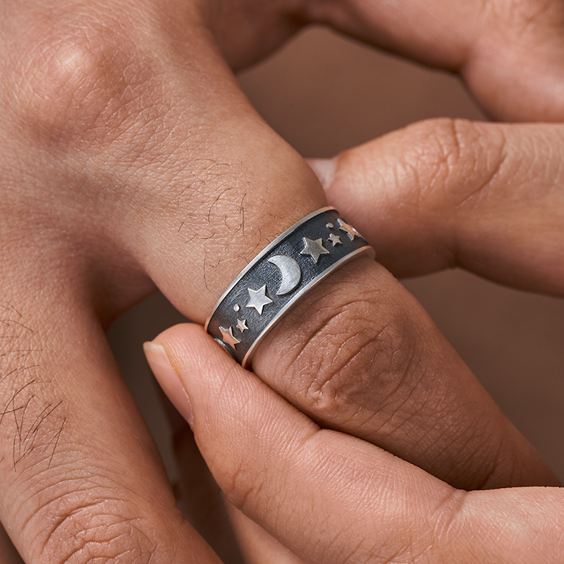 Moon Star Sterling Silver Band Ring