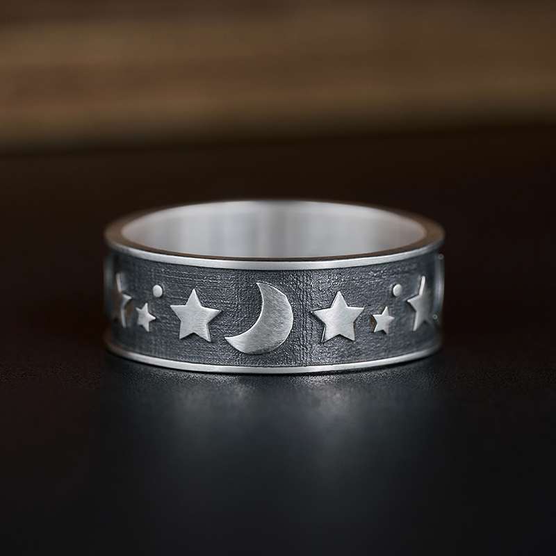 Moon Star Sterling Silver Band Ring