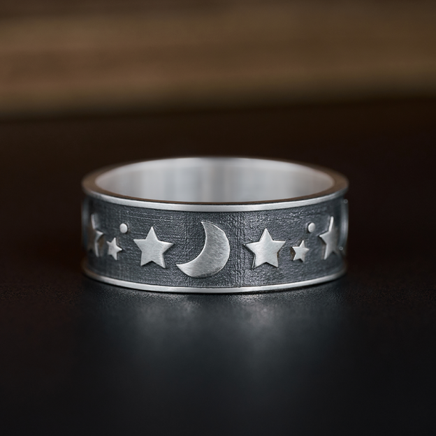 Moon Star Sterling Silver Band Ring