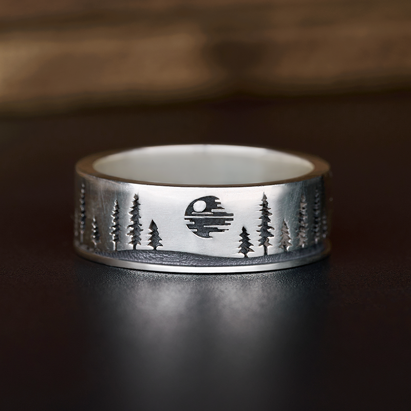 Death Star Over Endor Sterling Silver Band Ring
