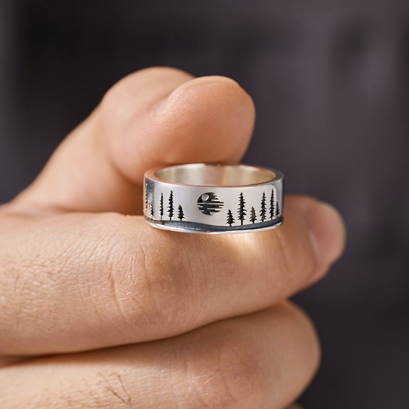 Death Star Over Endor Sterling Silver Band Ring