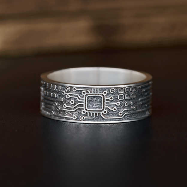 Circuit Board Sterling Silver Band Ring