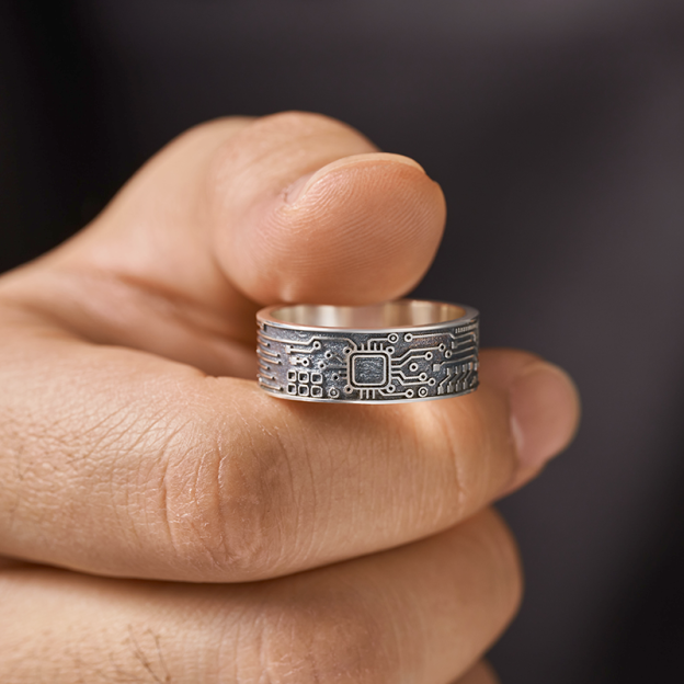 Circuit Board Sterling Silver Band Ring