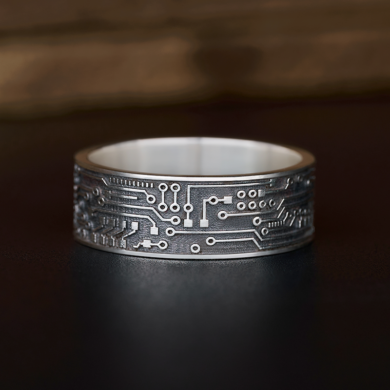 Circuit Board Sterling Silver Band Ring