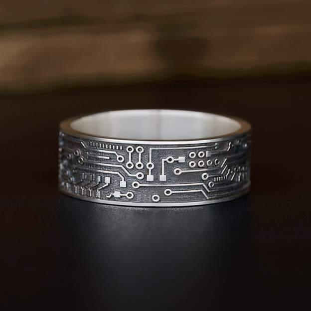 Circuit Board Sterling Silver Band Ring