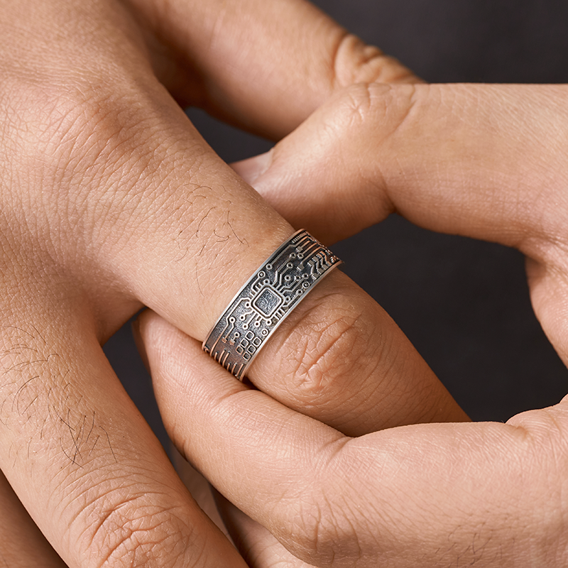 Circuit Board Sterling Silver Band Ring
