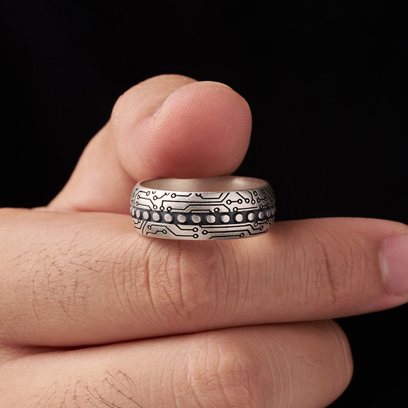 Circuit Board Technology Geek Silver Band Ring