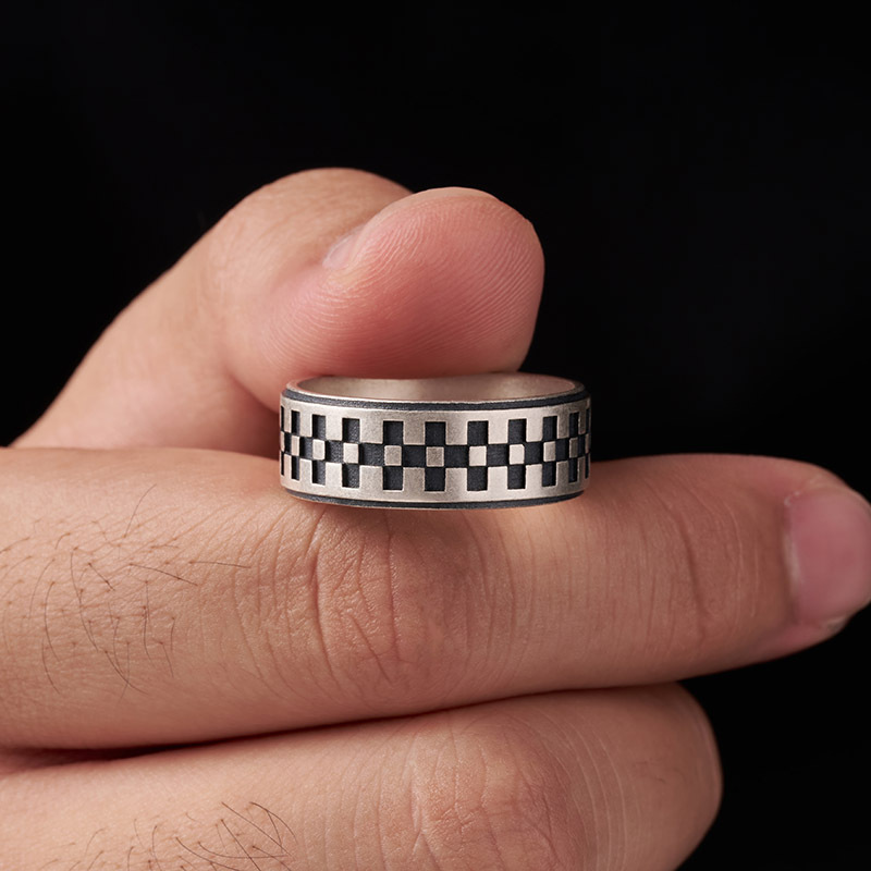 Checkerboard Geek Silver Band Ring