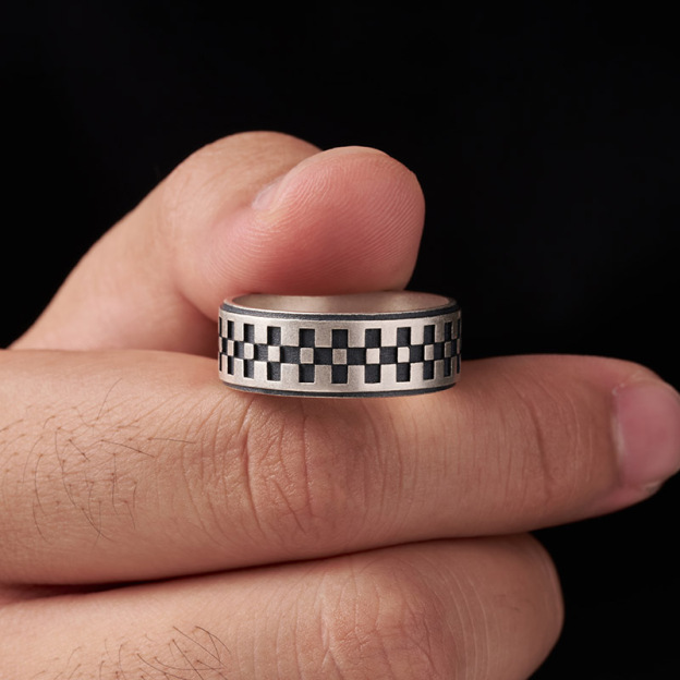 Checkerboard Geek Silver Band Ring