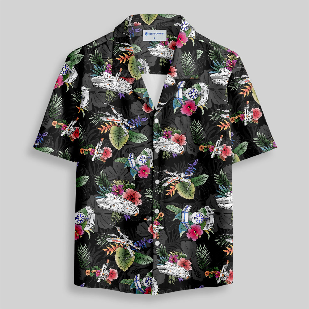 Space Fighter Tropical Flowers Button Up Pocket Shirt