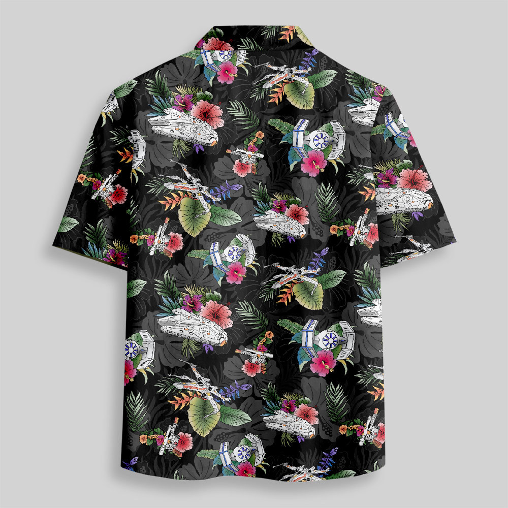 Space Fighter Tropical Flowers Button Up Pocket Shirt