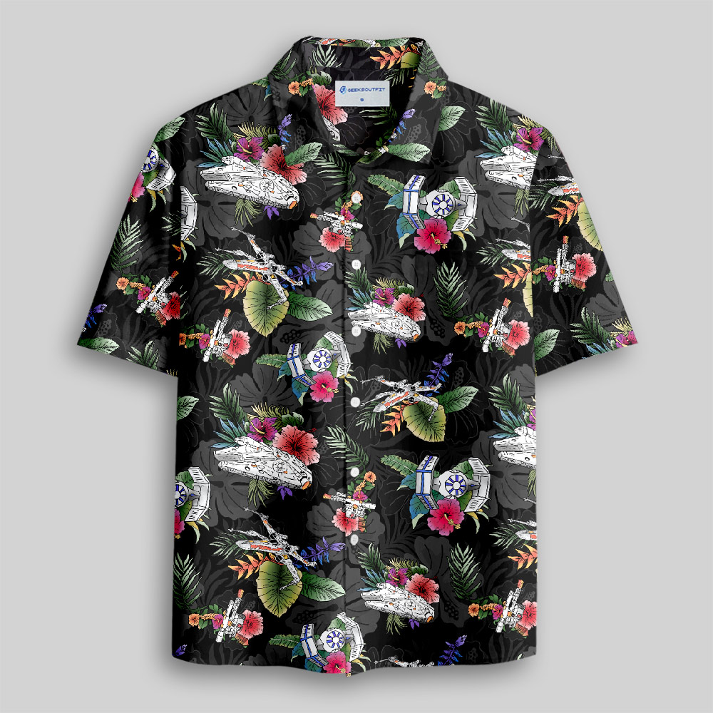 Space Fighter Tropical Flowers Button Up Pocket Shirt