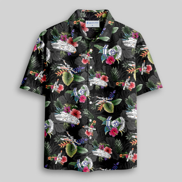 Space Fighter Tropical Flowers Button Up Pocket Shirt