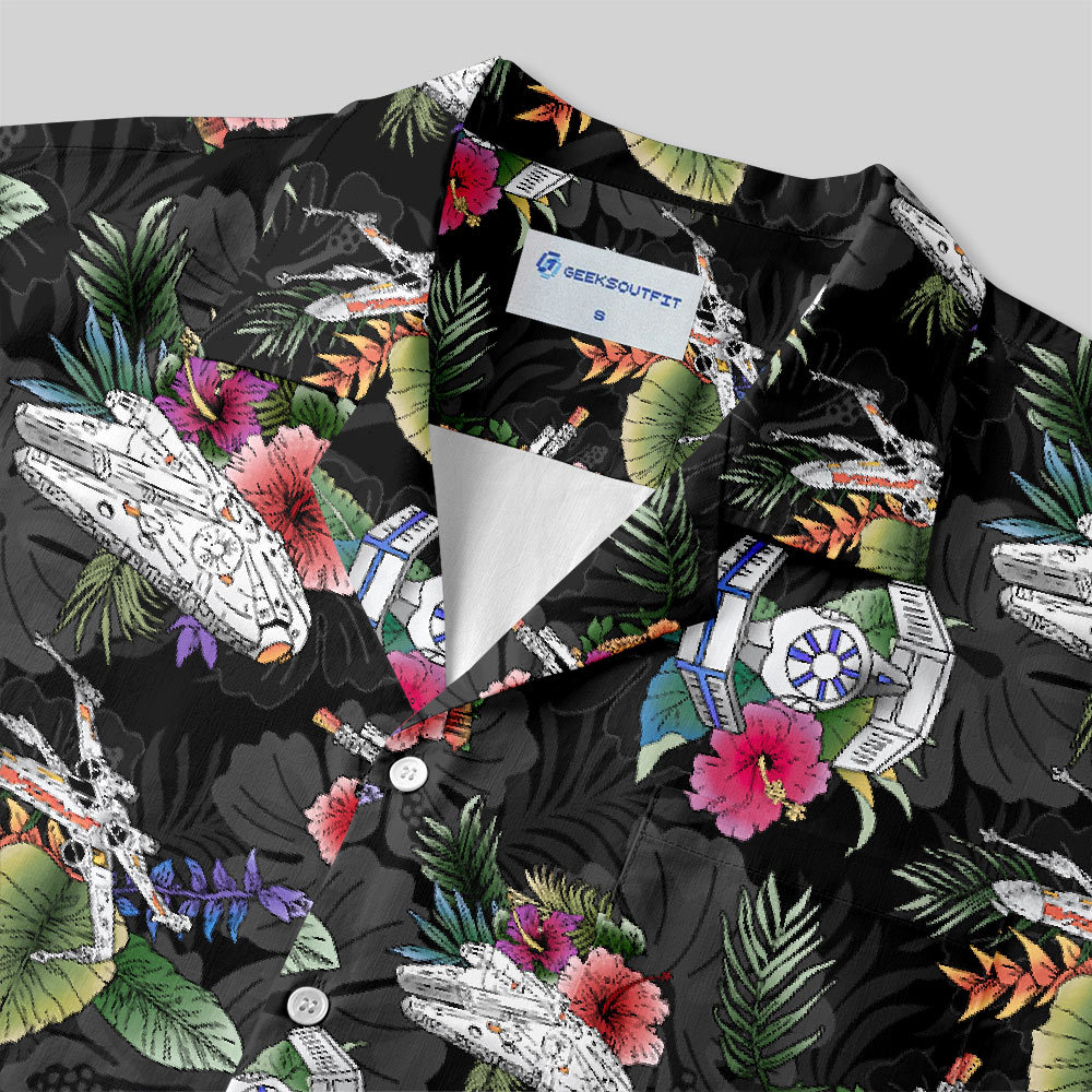 Space Fighter Tropical Flowers Button Up Pocket Shirt
