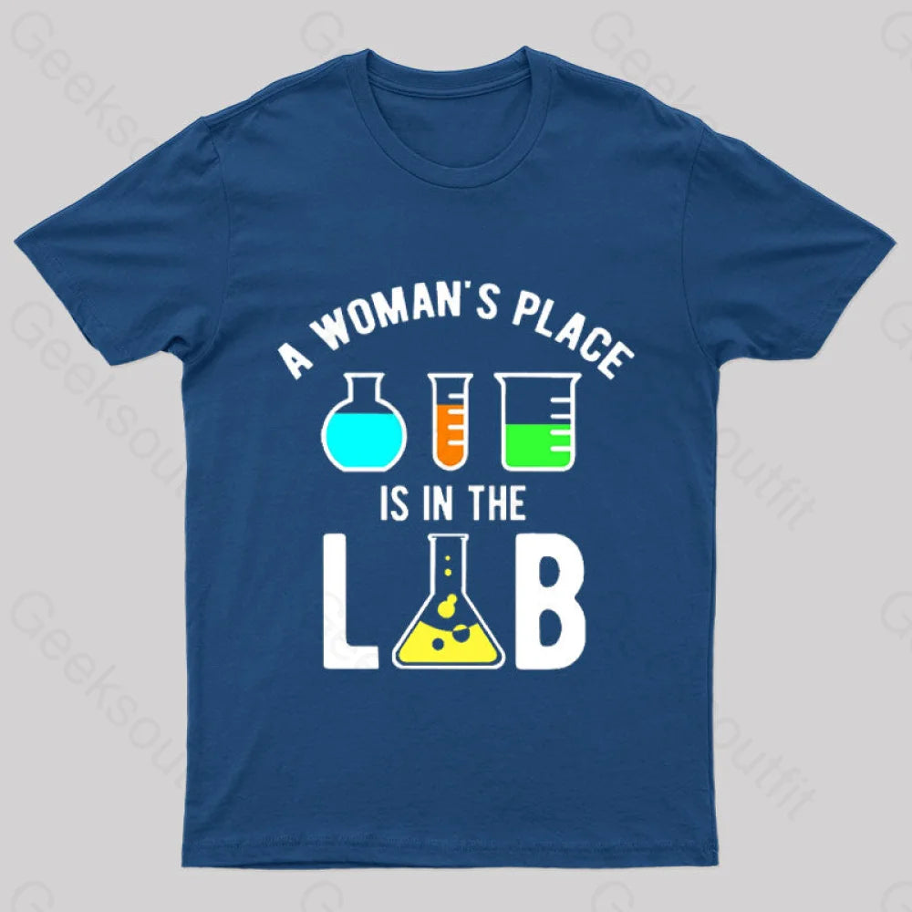 A Woman’s Place Is In The Lab Nerd T-Shirt Navy / S