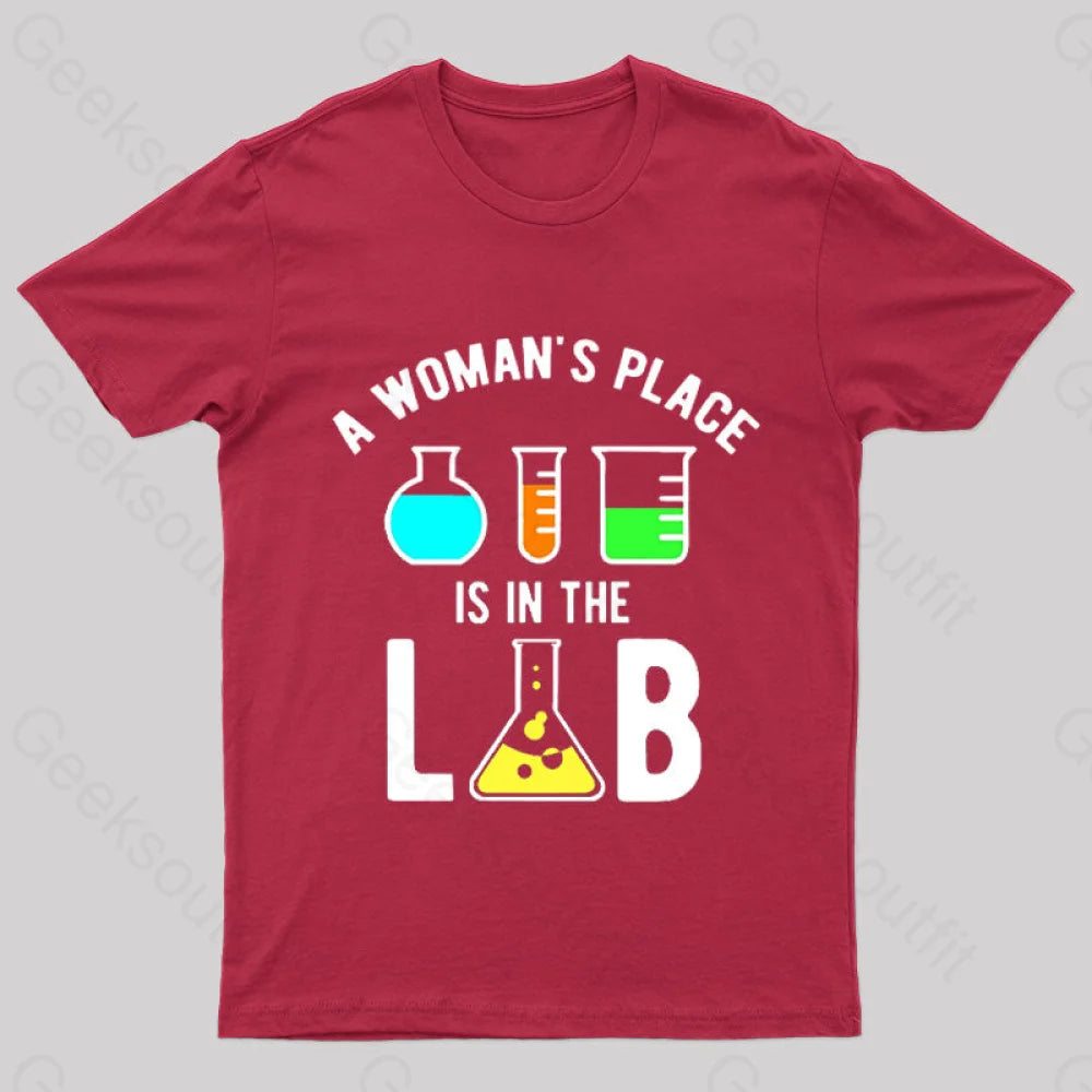 A Woman’s Place Is In The Lab Nerd T-Shirt Red / S
