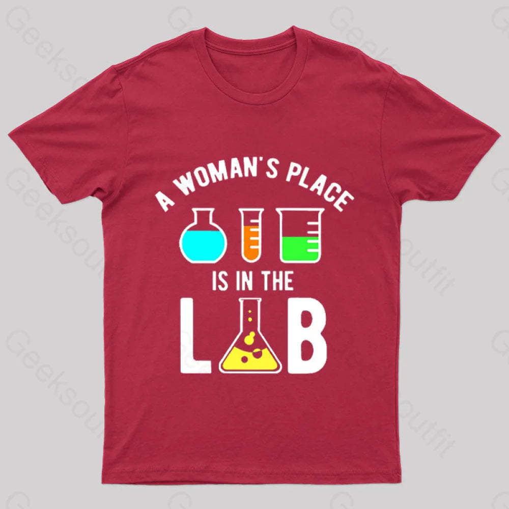 A Woman’s Place Is In The Lab Nerd T-Shirt Red / S