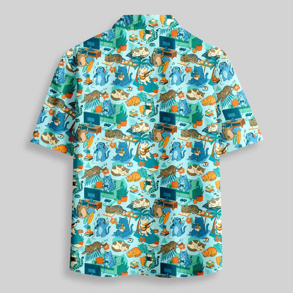Homebody Paradise Whimsical Cat Button Up Pocket Shirt