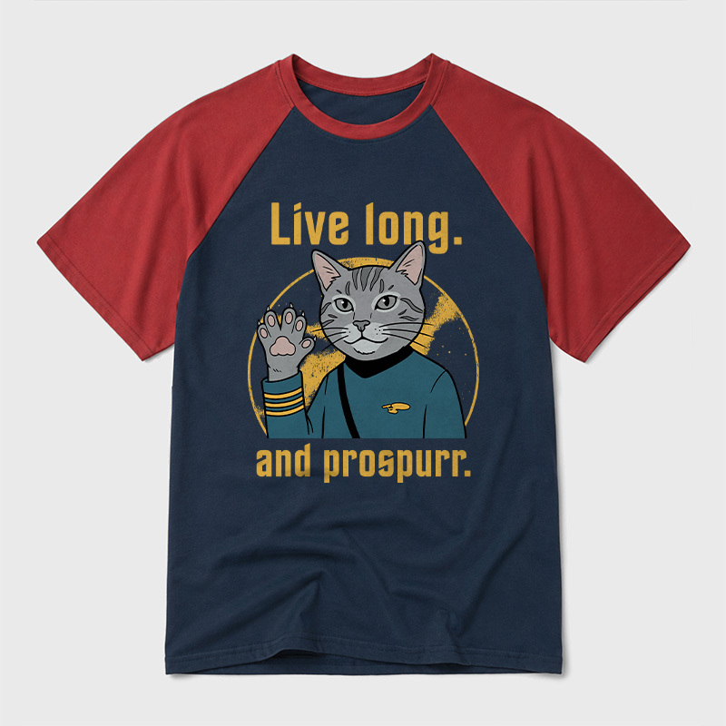 Live Long and Prospurr Vulcan Cat Geek Retro Raglan T-Shirt