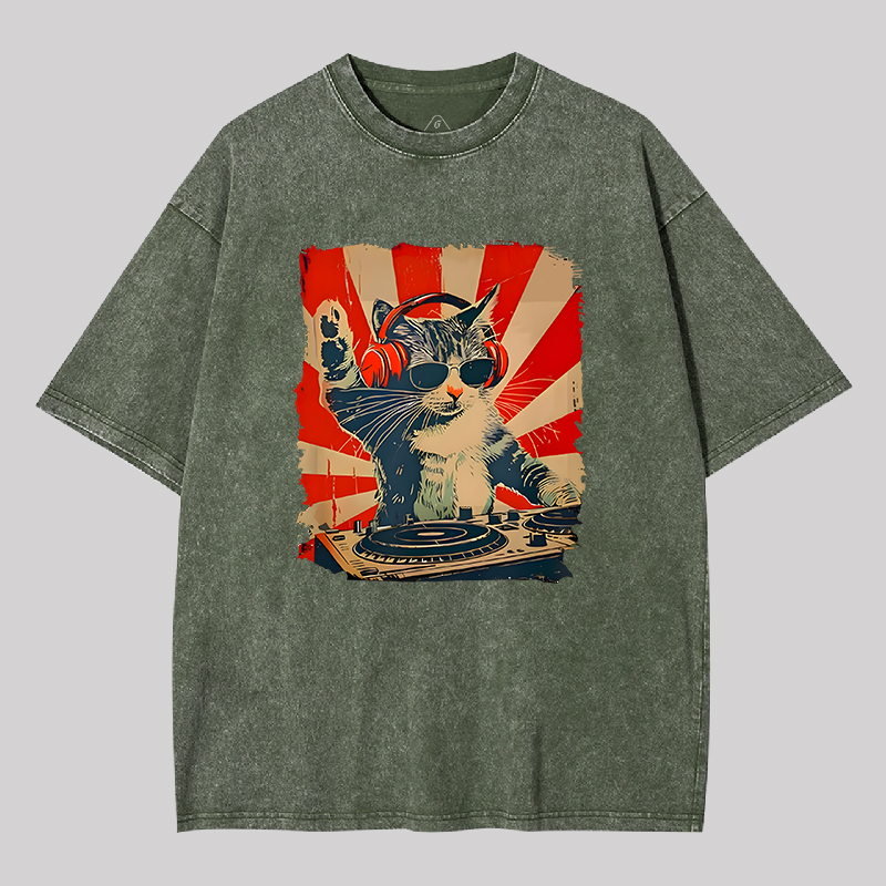 Rock Music Cat Vintage Geek Washed T-shirt