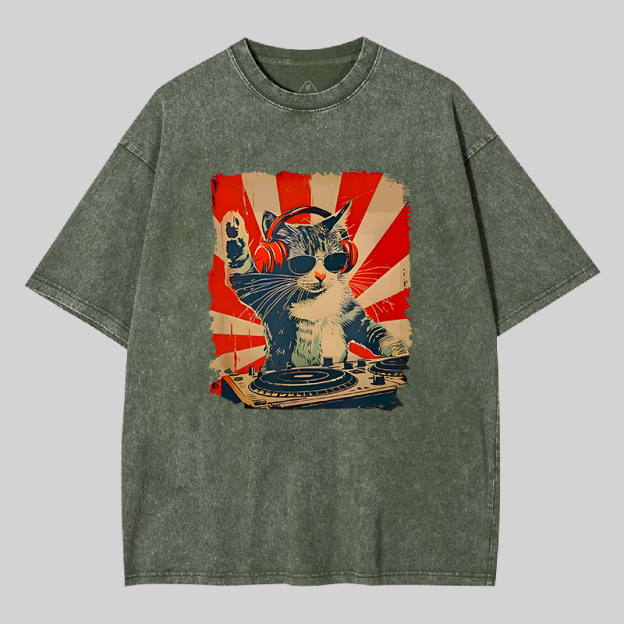 Rock Music Cat Vintage Geek Washed T-shirt