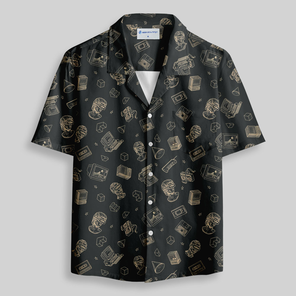 Vaporwave VR Statue Print Button Up Pocket Shirt