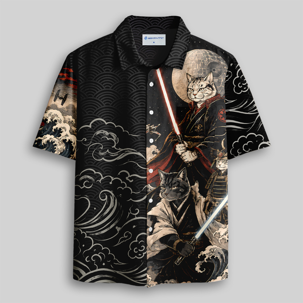Vintage Ukiyo-e Samurai Cat Laser Sword Button Up Pocket Shirt