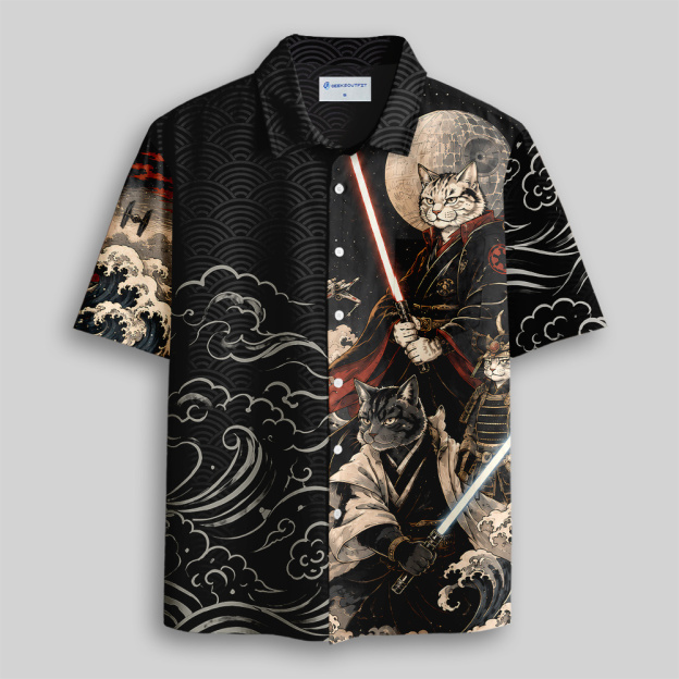 Vintage Ukiyo-e Samurai Cat Laser Sword Button Up Pocket Shirt