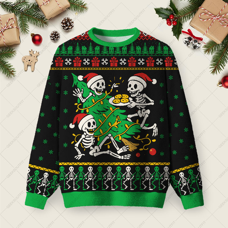 Geeksoutfit Skelebration Ugly Christmas Fuzzy Fleece Sweatshirt for Sale