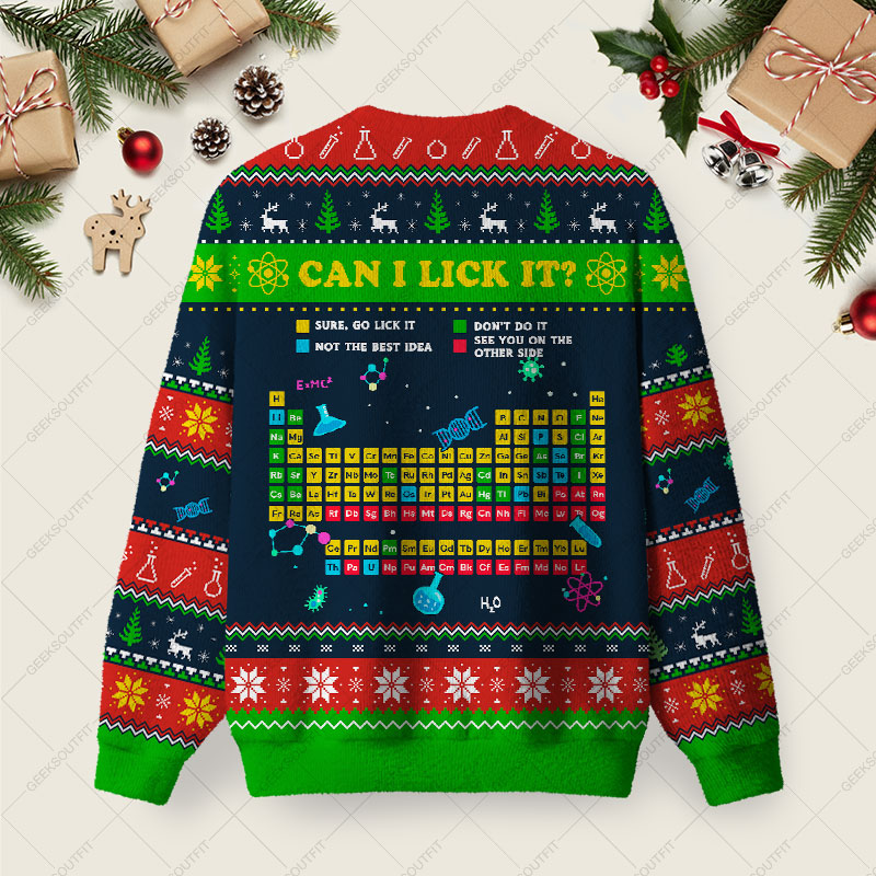 Can I Lick It Periodic Table Ugly Christmas Fuzzy Fleece Sweatshirt
