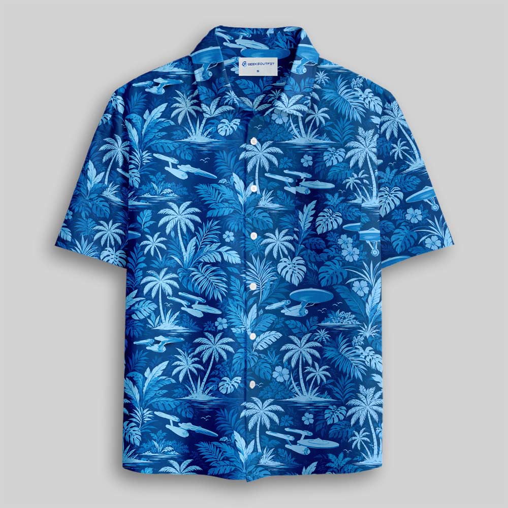 Vintage Blue Tropical Palm Tree Button Up Pocket Shirt