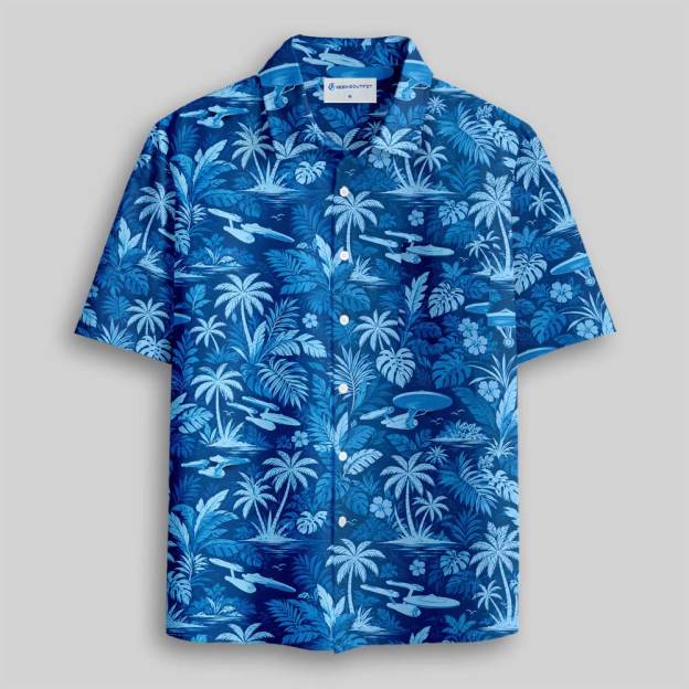 Vintage Blue Tropical Palm Tree Button Up Pocket Shirt
