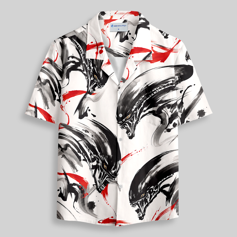 Sumi-E Ink Mythical Beast Fantasy Button Up Pocket Shirt