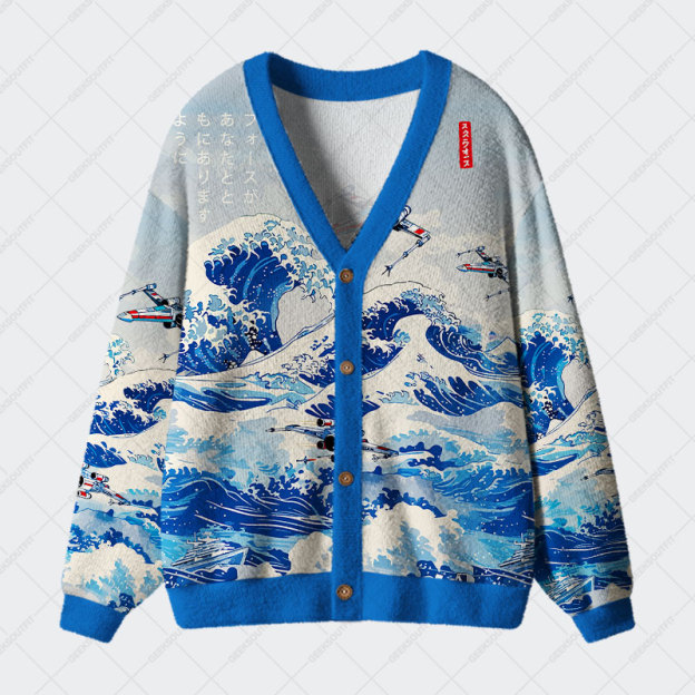 Ukiyoe Wave Fighter Geek Ugly Cardigan Sweaters 