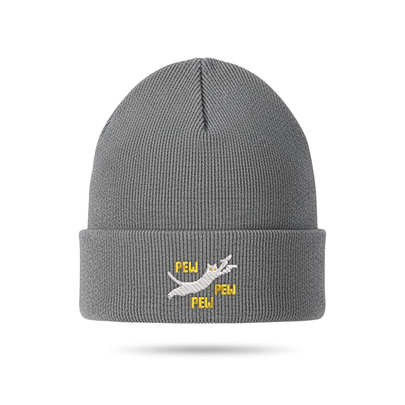 Pew Pew Pew Cat Geek Embroidered Beanie