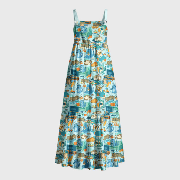 Homebody Paradise Whimsical Cat Geek Tiered Cami Maxi Dress