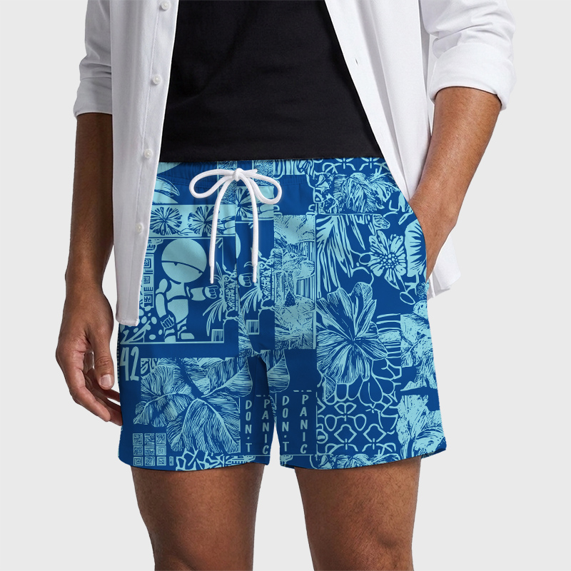 Don't Panic Blue Geek Hawaiian Swim Trunks