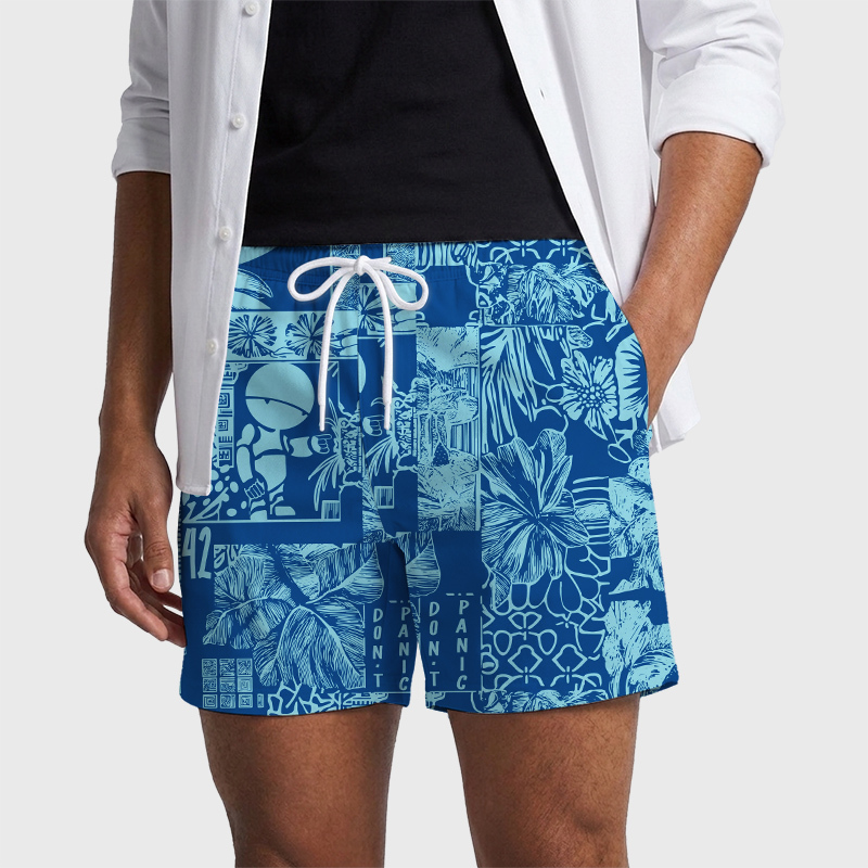 Don't Panic Blue Geek Hawaiian Swim Trunks