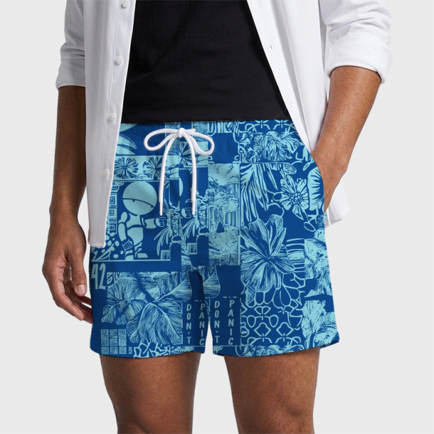 Don't Panic Blue Geek Hawaiian Swim Trunks