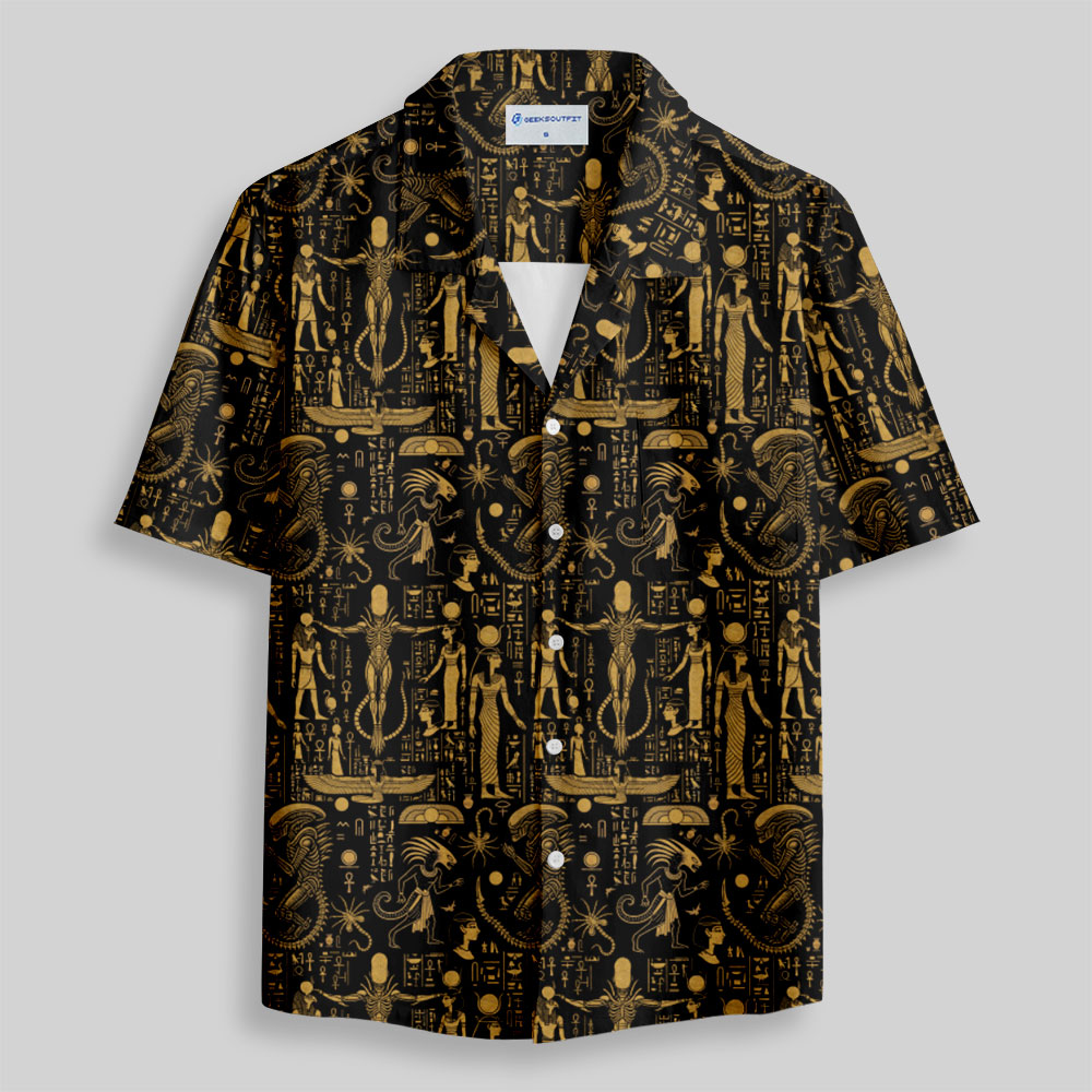 Egyptian Mural Alien Button Up Pocket Shirt