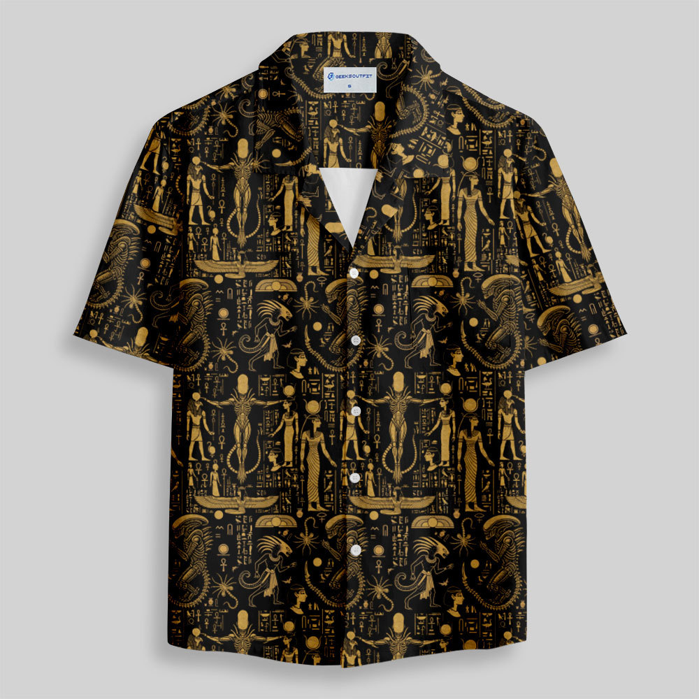 Egyptian Mural Alien Button Up Pocket Shirt