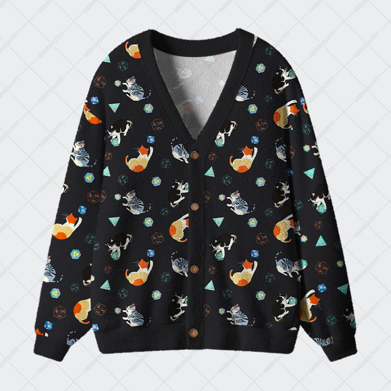 Geeksoutfit Feline Fun with DnD Dice Black Geek Ugly Cardigan Sweaters for Sale