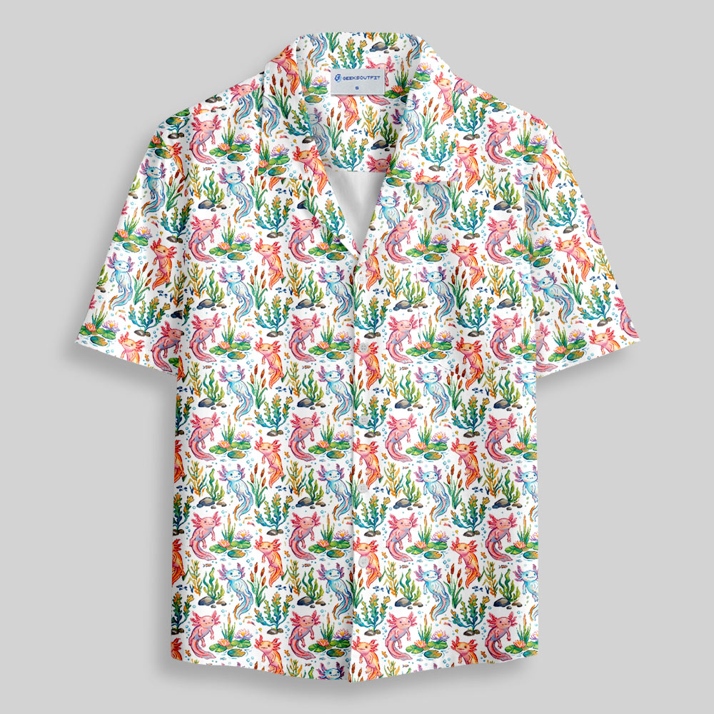 Bright White Axolotl Pond Life Button Up Pocket Shirt