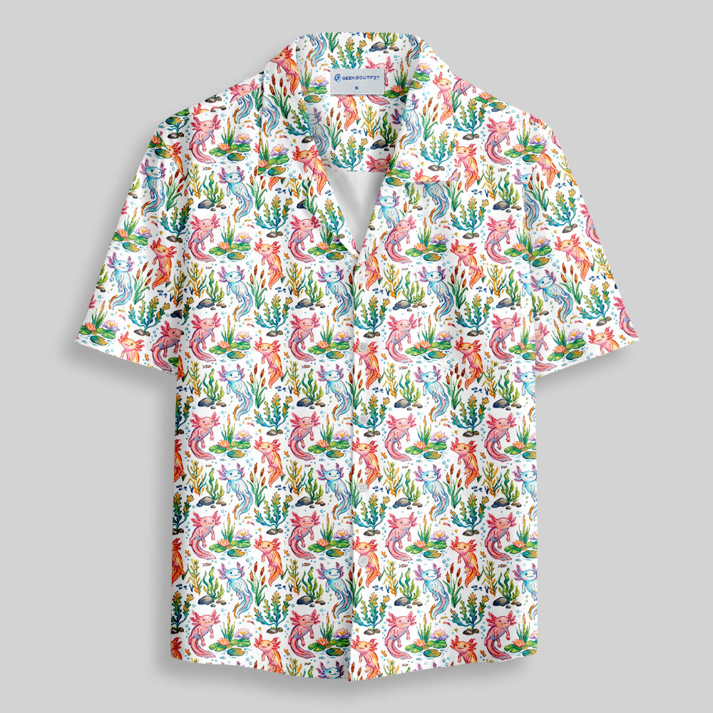 Bright White Axolotl Pond Life Button Up Pocket Shirt