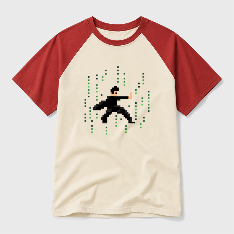 Pixel Green Code Matrix Hero Sci-Fi Geek Retro Raglan T-Shirt
