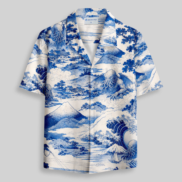 Cthulhu Ukiyo Wave Button Up Pocket Shirt