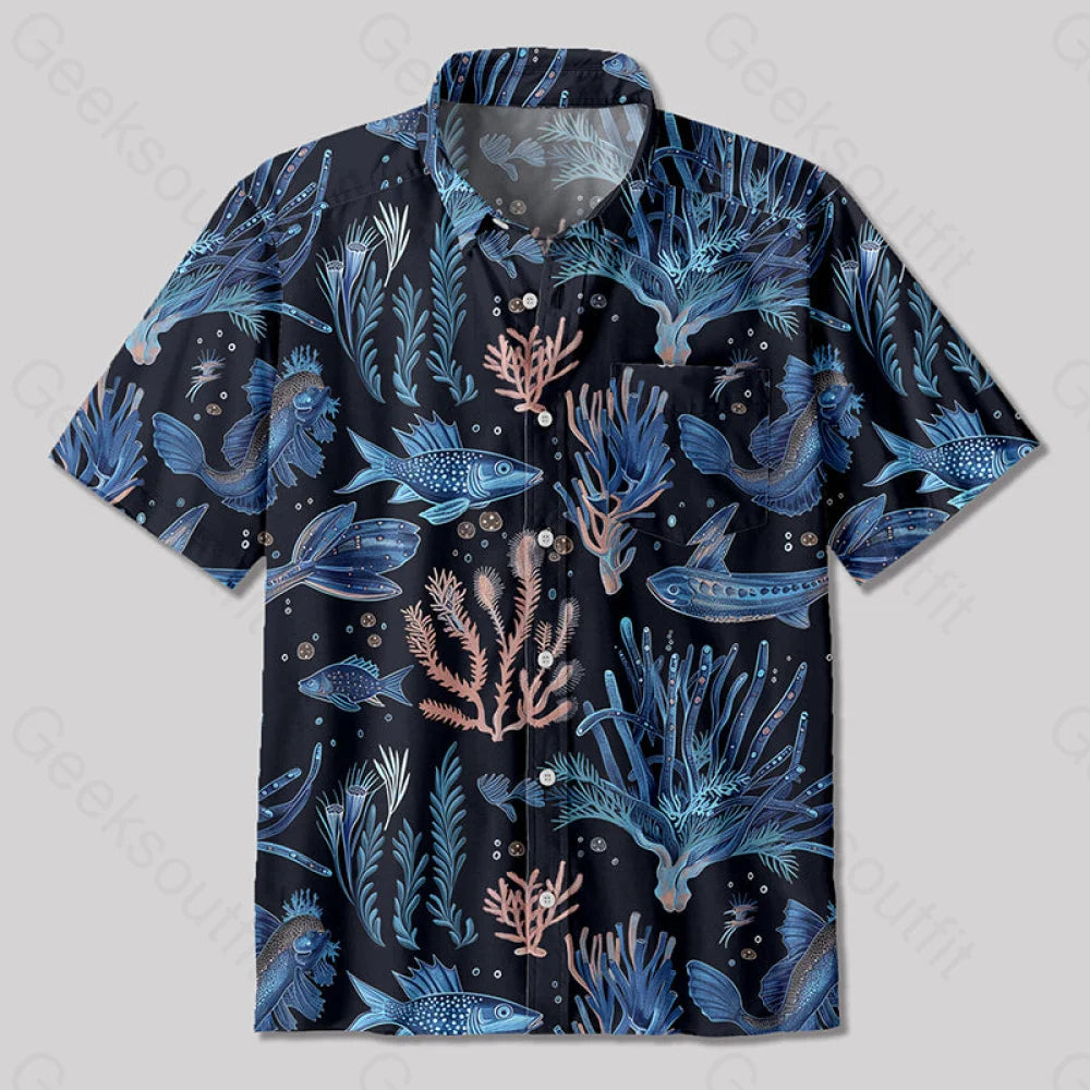 Art Sea Life Blue Button Up Pocket Shirt Up / S Bus556 Yc